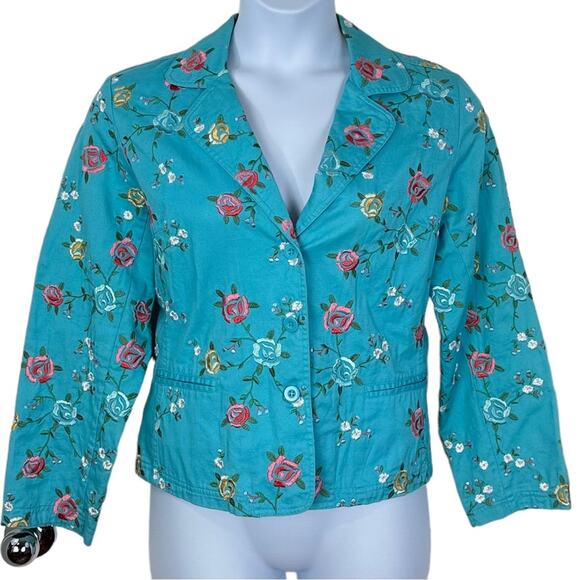 Flower Power Embroidered Jacket Size Large Graffwear by Um Company Blue Pink - Picture 1 of 6